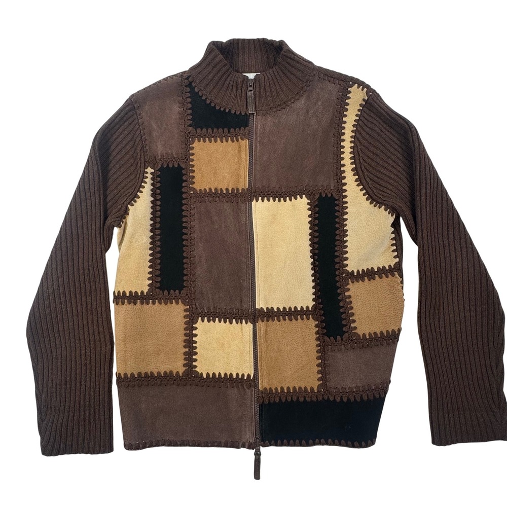 Studio Works Patchwork Leather Knit Zip Front Cardigan Sweater Brown Tan Medium